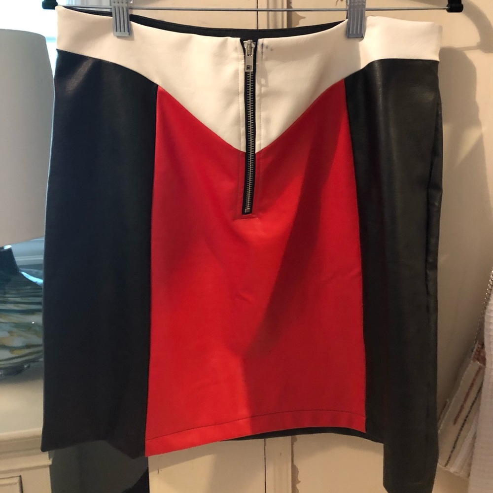 Red, white and black color block leather mini